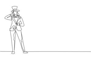 Continuous one line drawing female magician stands with call me gesture wearing hat and magic uniform performing tricks at circus show. Success job. Single line draw design vector graphic illustration