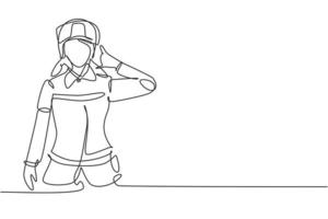 Continuous one line drawing female firefighter with uniform, call me gesture and wearing helmet prepare to put out the fire that burned building. Single line draw design vector graphic illustration