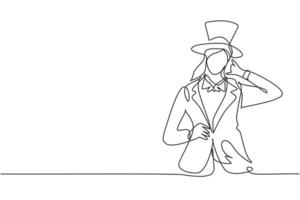 Continuous one line drawing female magician with call me gesture wearing hat and magic uniform ready to entertain audience at television show. Single line draw design vector graphic illustration