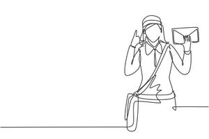 Single continuous line drawing postwoman wearing hat, sling bag, and uniform with call me gesture holds envelope to delivered to home address. Dynamic one line draw graphic design vector illustration