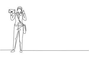 Single continuous line drawing postwoman standing with call me gesture, sling bag, uniform, holding envelope delivering mail to home address. Dynamic one line draw graphic design vector illustration