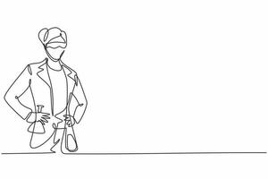 Single continuous line drawing of young female scientist holding flask with hands on hip. Professional work job occupation. Minimalism concept one line draw graphic design vector illustration