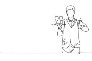 Single continuous line drawing waiter with a gesture raised his thumb and brought a tray of drinking glasses serving visitors at the cafeteria. Dynamic one line draw graphic design vector illustration