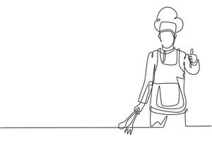 Un solo dibujo de una línea del chef con gestos de pulgar hacia arriba y uniformes está listo para cocinar comidas para los huéspedes en restaurantes famosos. Ilustración de vector gráfico de diseño de dibujo de línea continua moderna.