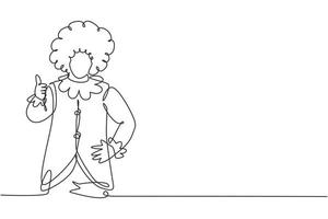 Single continuous line drawing a clown with thumbs-up gesture, wearing a wig and smiling face make-up, entertaining kids at a festive birthday. Dynamic one line draw graphic design vector illustration