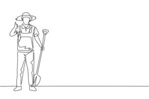 Single one line drawing of male farmer stood with a thumbs-up gesture, wearing a straw hat and carrying a shovel to plant crops on farmland. Continuous line draw design graphic vector illustration.
