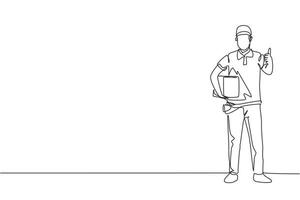 Continuous one line drawing delivery man stands with thumbs-up gesture, carrying package box that the customer has ordered to be delivered safely. Single line draw design vector graphic illustration.