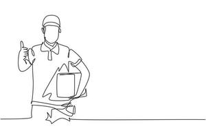 Continuous one line drawing delivery man with a thumbs-up gesture, carrying the package box to be delivered to customers with the best service. Single line draw design vector graphic illustration.