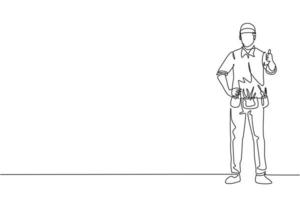 Single continuous line drawing handyman stands with a thumbs-up gesture and tools such as pliers, screwdriver, hammer that is placed on his work shirt. One line draw graphic design vector illustration