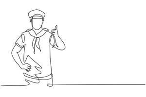 Single continuous line drawing a sailor man with a thumbs-up gesture ready to sail across the seas in a ship that is headed by a captain. Dynamic one line draw graphic design vector illustration.