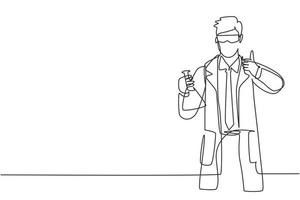 Single continuous line drawing scientist with a thumbs-up gesture and hold measuring tube examining the chemical solution to make a vaccine. Dynamic one line draw graphic design vector illustration.