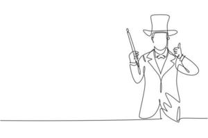 Single continuous line drawing magician with a gesture thumbs up wearing a hat and holding a magic stick ready to entertain the audience. Dynamic one line draw graphic design vector illustration.