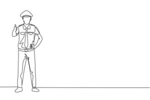 Single one line drawing of pilot stands with a thumbs-up gesture and complete uniform serves airplane passengers fly to their destination. Continuous line draw design graphic vector illustration.