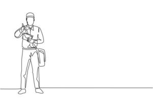 Single one line drawing of postman standing in a hat, bag, uniform, holding an envelope, and with a thumbs-up gesture delivering mail to home address. Continuous line draw design graphic illustration. vector