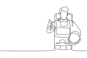 Continuous one line drawing astronauts with a thumbs-up gesture wearing spacesuits to explore outer space in search of the mysteries of universe. Single line draw design vector graphic illustration.