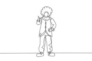 Continuous one line drawing clown stands with a thumbs-up gesture wearing wig and clown costume ready to entertain the audience in the circus arena. Single line draw design vector graphic illustration