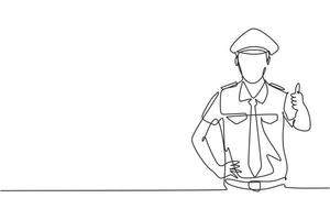 Single one line drawing of pilot with a thumbs-up gesture and full uniform is ready to fly with the cabin crew with the aircraft at the airport. Continuous line draw design graphic vector illustration