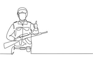 Continuous one line drawing soldiers with weapons, full uniforms, thumbs-up gestures are ready to defend the country on battlefield against enemy. Single line draw design vector graphic illustration.