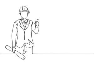 Continuous one line drawing the architect with a gesture of raising his thumb and wearing a helmet carried a building construction drawing paper. Single line draw design vector graphic illustration.