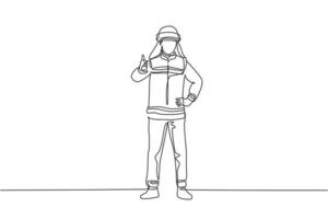 Single one line drawing of firefighters stood wearing helmets and uniforms complete with a thumbs-up gesture to work to extinguish the fire. Continuous line draw design graphic vector illustration.