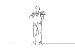 Single continuous line drawing waiter stood up with a thumbs-up gesture and brought a tray of drinking glasses to offer to restaurant guests. Dynamic one line draw graphic design vector illustration.