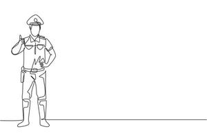 Continuous one line drawing policeman standing with a thumbs-up gesture and in full uniform works to control vehicle traffic on the highway. Single line draw design vector graphic illustration.