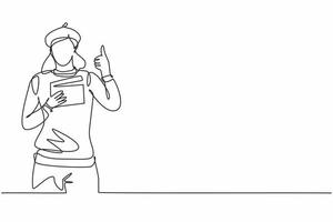 Continuous one line drawing female film director with a thumbs-up gesture while holding the clapperboard set the crew for studio shooting. Single line draw design vector graphic illustration