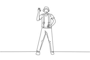 Single continuous line drawing mime artist stands with gesture okay and white face make-up makes audience laugh with silent comedy. Great show. Dynamic one line draw graphic design vector illustration