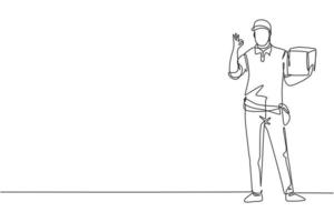 Continuous one line drawing deliveryman stands with gesture okay carrying package box that customer order to be delivered safely. Success business. Single line draw design vector graphic illustration