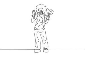 Continuous one line drawing female clown stands with gesture okay wearing wig and clown costume ready to entertain the audience in the circus arena. Single line draw design vector graphic illustration