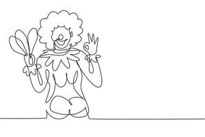 Continuous one line drawing female clown with gesture okay, wearing wig and smiling face makeup, entertaining kids at birthday party. Good perform. Single line draw design vector graphic illustration