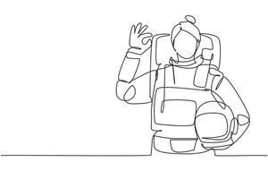 Continuous one line drawing female astronaut with gesture okay wearing spacesuits to explore outer space in search mysteries of universe. Great job. Single line draw design vector graphic illustration