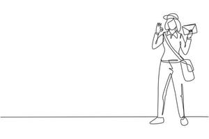 Single continuous line drawing postwoman standing with hat, sling bag, uniform, holding envelope, and gesture okay delivering mail to home address. One line draw graphic design vector illustration