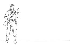 Continuous one line drawing female soldiers stands with weapon, full uniform, and gesture okay serving the country with strength of military forces. Single line draw design vector graphic illustration