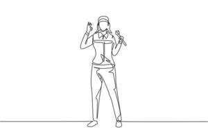 Single continuous line drawing female mechanic stands up with gesture okay and holding wrench to perform maintenance on vehicle engine. Success work. One line draw graphic design vector illustration