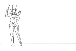 Single continuous line drawing female magician stands with gesture okay wearing hat and holding magic wand performing tricks at circus show. Dynamic one line draw graphic design vector illustration