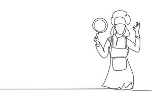 Una cocinera de dibujo continuo de una línea con gestos bien, sosteniendo una sartén y usando un delantal está lista para cocinar comidas para los invitados en restaurantes famosos. Ilustración gráfica de vector de diseño de dibujo de una sola línea