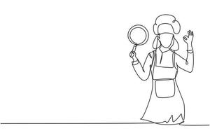 Continuous one line drawing female chef with gestures okay, holding pan and wearing apron is ready to cook meals for guests at famous restaurants. Single line draw design vector graphic illustration