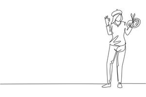 Single continuous line drawing female painter stands with gesture okay using hat and painting tools to produce artwork in his workshop studio. Dynamic one line draw graphic design vector illustration