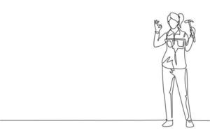 Single one line drawing female carpenter standing with gesture okay works for wood industry and must be skilled at using carpentry tools. Modern continuous line draw design graphic vector illustration