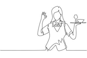 Single continuous line drawing waitress with gesture okay and brought a tray of drinking glasses serving visitors at cafeteria. Successful job. Dynamic one line draw graphic design vector illustration