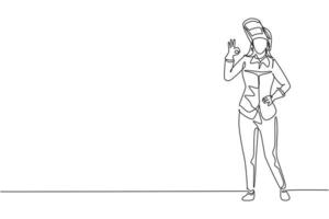 Single one line drawing female welder stands with gesture okay and face shield is removed ready to work in his iron workshop. Success business. Continuous line draw design graphic vector illustration