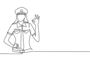 Single continuous line drawing female pilot with gesture okay and uniform ready to fly with cabin crew in aircraft at international airport. Dynamic one line draw graphic design vector illustration