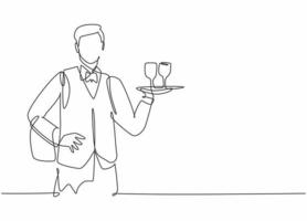 Single one line drawing of young waiter man holding metal tray with glass to serve. Professional work profession and occupation minimal concept. Continuous line draw design graphic vector illustration