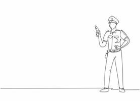 Single one line drawing young policeman pose standing while holding automatic hand gun. Professional work profession occupation minimal concept. Continuous line draw design graphic vector illustration