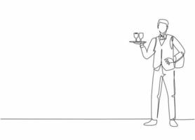 Single continuous line drawing of young male waiter pose standing while bringing tray with glass. Professional work job occupation. Minimalism concept one line draw graphic design vector illustration