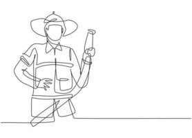 dibujo continuo de una línea del joven bombero sosteniendo la boquilla de agua. concepto minimalista de profesión de trabajo profesional. Ilustración gráfica de vector de diseño de dibujo de una sola línea