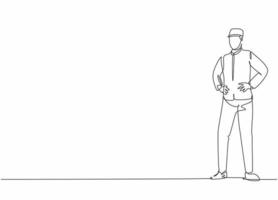 dibujo continuo de una línea de la pose del joven y guapo portero de pie y esperando a los huéspedes del hotel. concepto minimalista de profesión de trabajo profesional. Ilustración gráfica de vector de diseño de dibujo de una sola línea