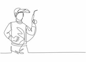 dibujo de línea continua única de un joven soldador con máscara y sosteniendo una máquina de soldar. ocupación de trabajo de trabajo profesional. concepto de minimalismo dibujo de una línea diseño gráfico ilustración vectorial vector