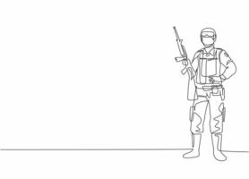 Single continuous line drawing of young male soldier pose standing and holding sniper weapon. Professional work job occupation. Minimalism concept one line draw graphic design vector illustration